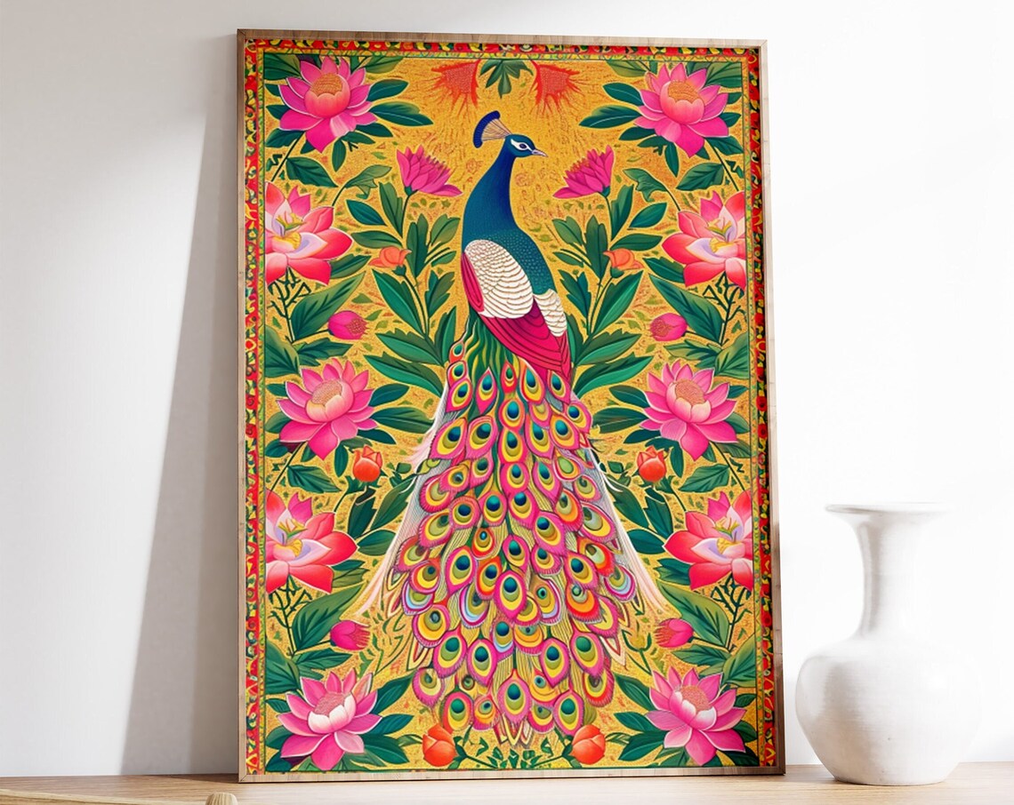 Indian Peacock Pichwai Style Folk Art Lotus Flower Bird Poster