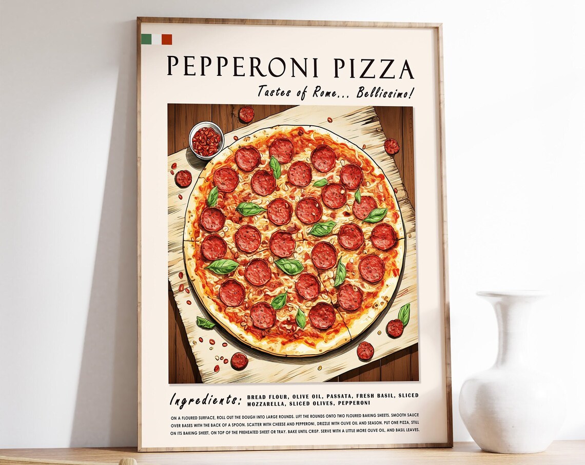 Pepperoni Pizza Recipe Tastes of Rome Vintage Italian Kitchen Poster