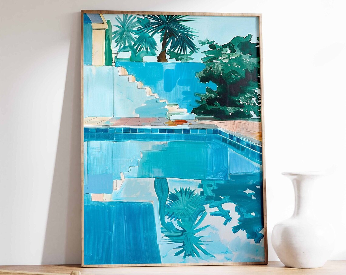 Swimming Pool Painting Turquoise Water Palm Trees Summer Poster