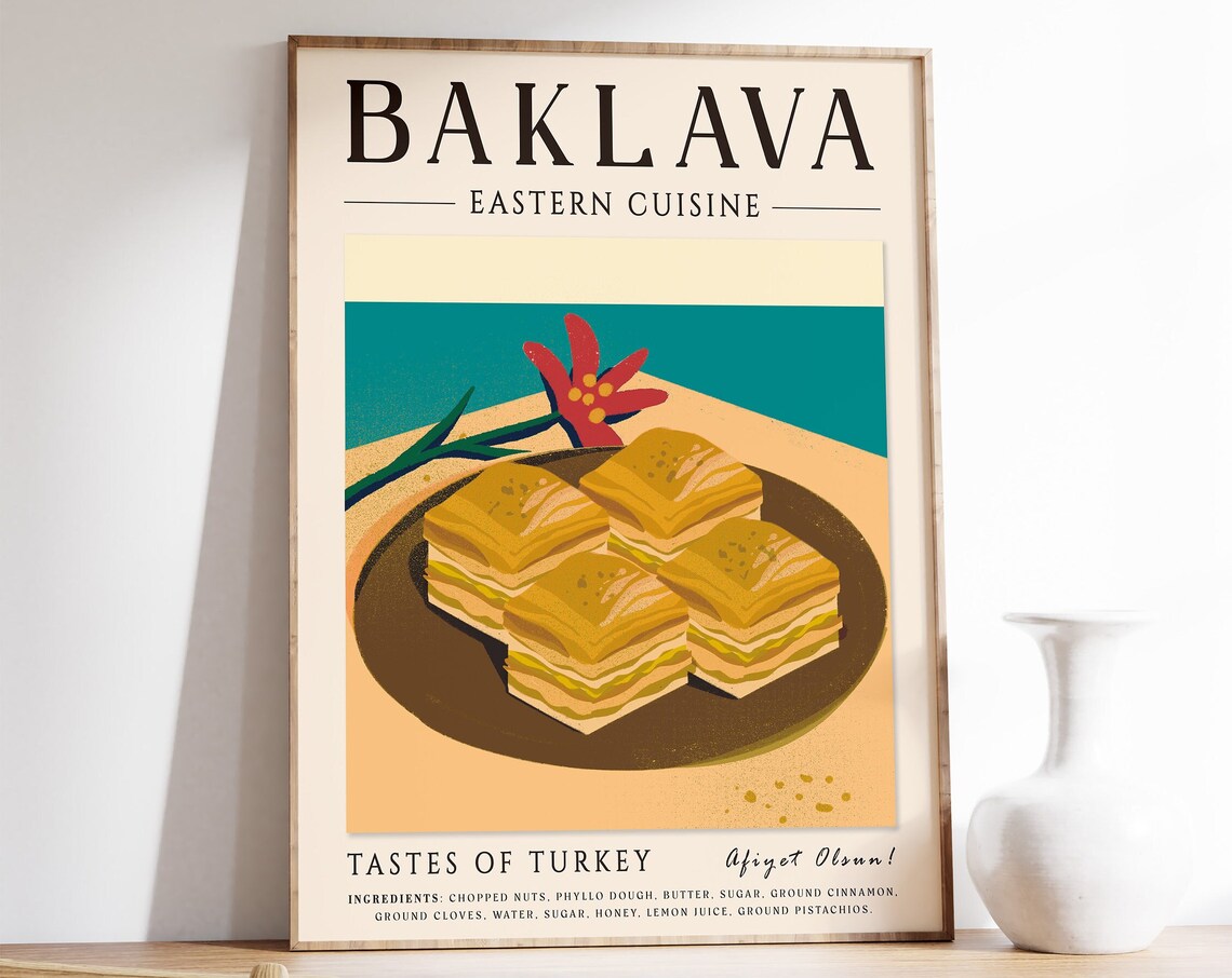 Baklava Eastern Cuisine Turkish Dessert Kitchen Food Recipe Poster