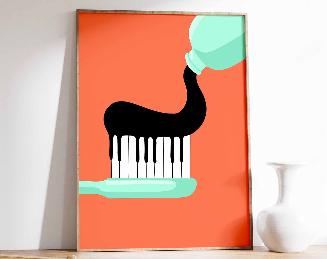 Toothbrush Piano Keys Retro Music Pop Art Illustration Poster