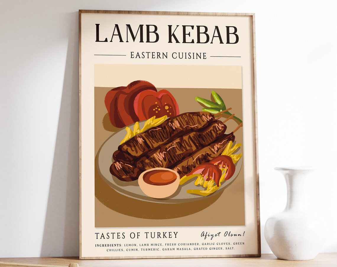 Lamb Kebab Eastern Cuisine Illustrated Recipe Turkey Food Poster