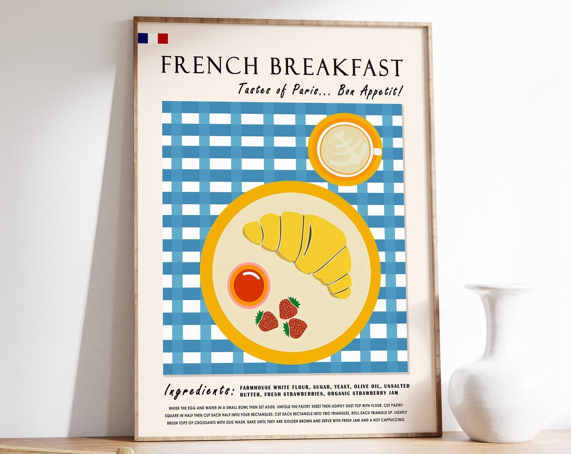 French Breakfast Croissant Recipe Parisian Kitchen Illustration Poster