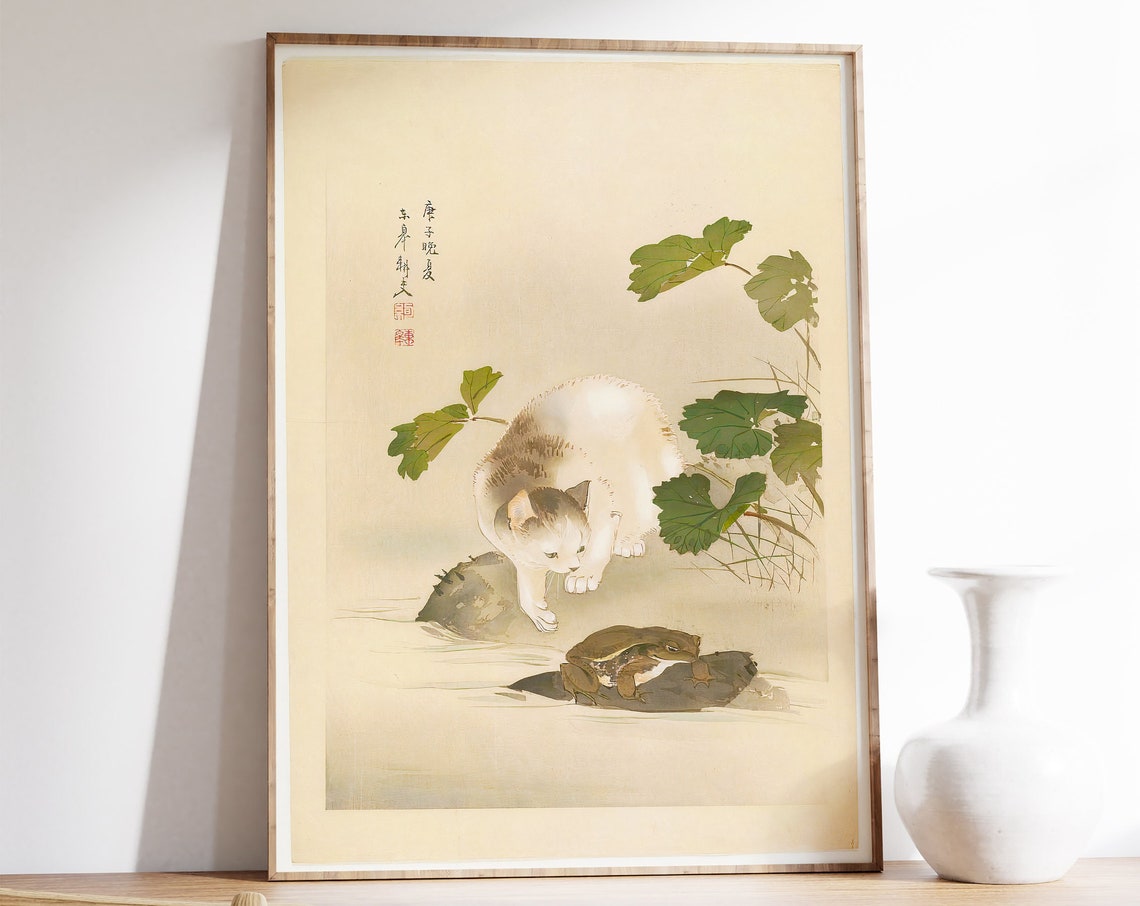 Japanese Cat and Frog Animal Art Print