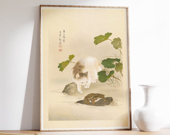 Japanese Cat and Frog Animal Art Print