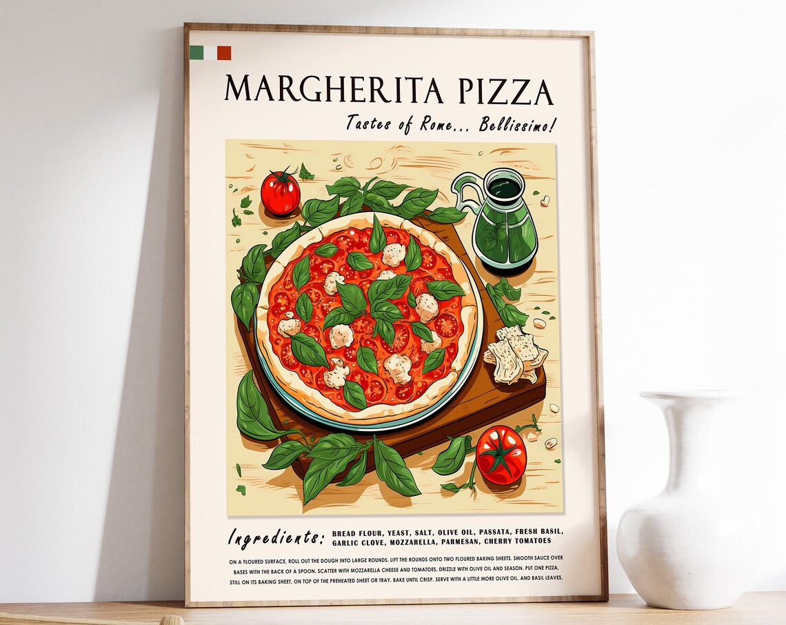 Margherita Pizza Italian Food Poster, Kitchen Print