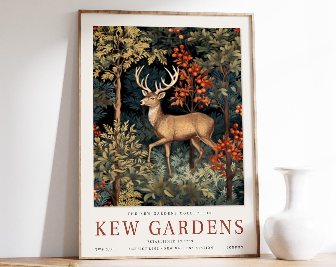 Kew Gardens London Deer William Morris Style Vintage Art Poster