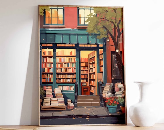 Glowing Bookshop at Night Stacked Books Storefront Reader Gift Art Poster