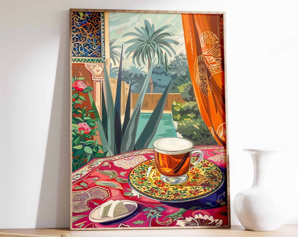 Arabic Tea Glass Art Poster Moroccan Courtyard Palm Garden Scene