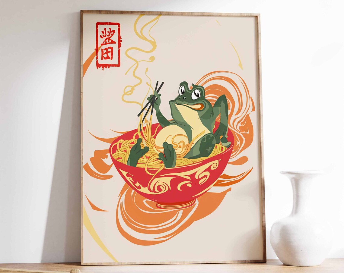 Happy Frog Ramen Noodle Bowl Chopsticks Japanese Humor Art Poster