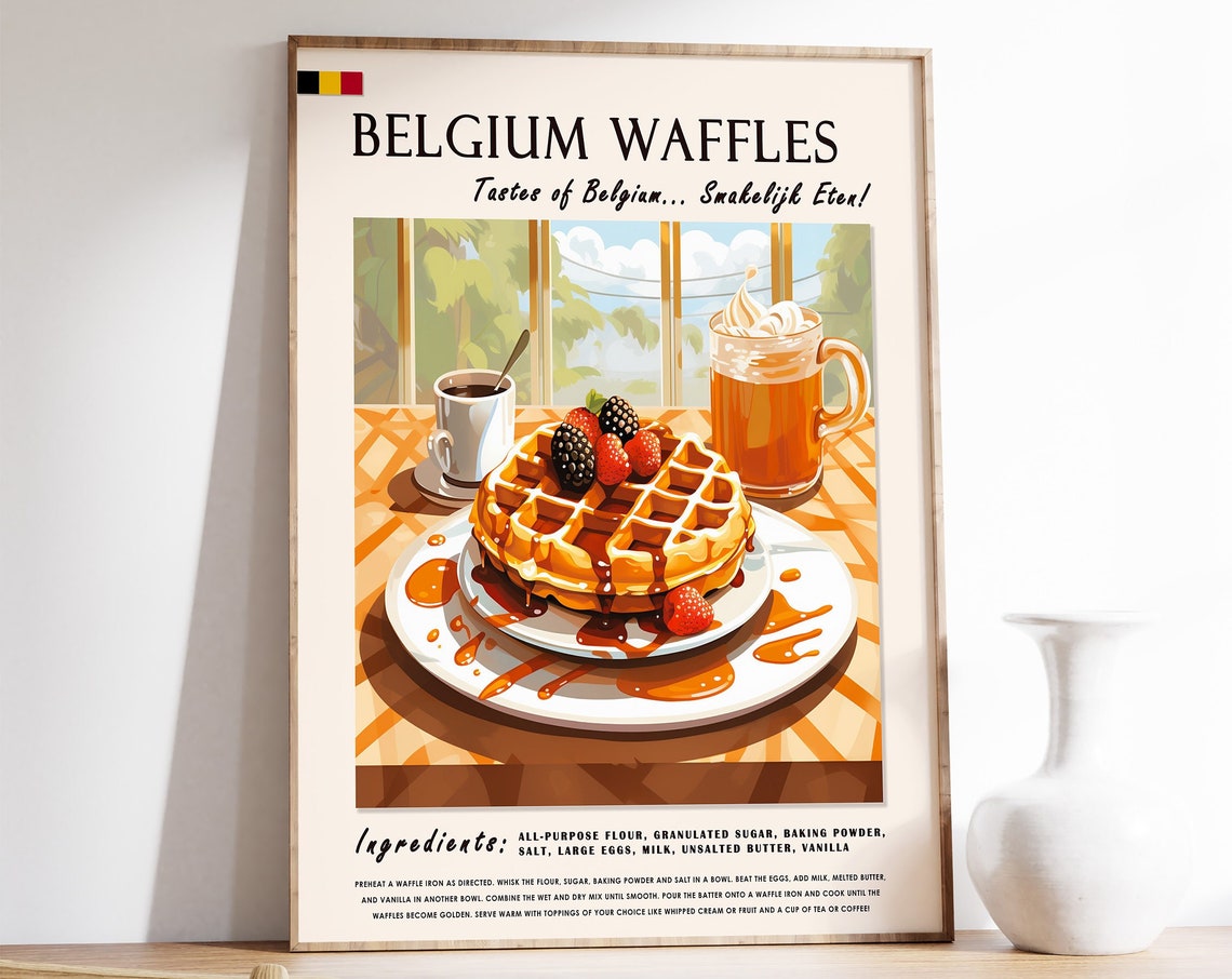 Belgium Waffles Dessert Kitchen Food Poster With Recipe And Beer Mug