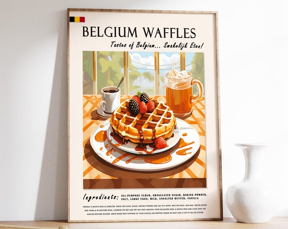 Belgian Waffles Dessert Poster Belgian Food Print Belgian Dessert Poster Kitchen Print Kitchen Decor Food Art Food Drink Art