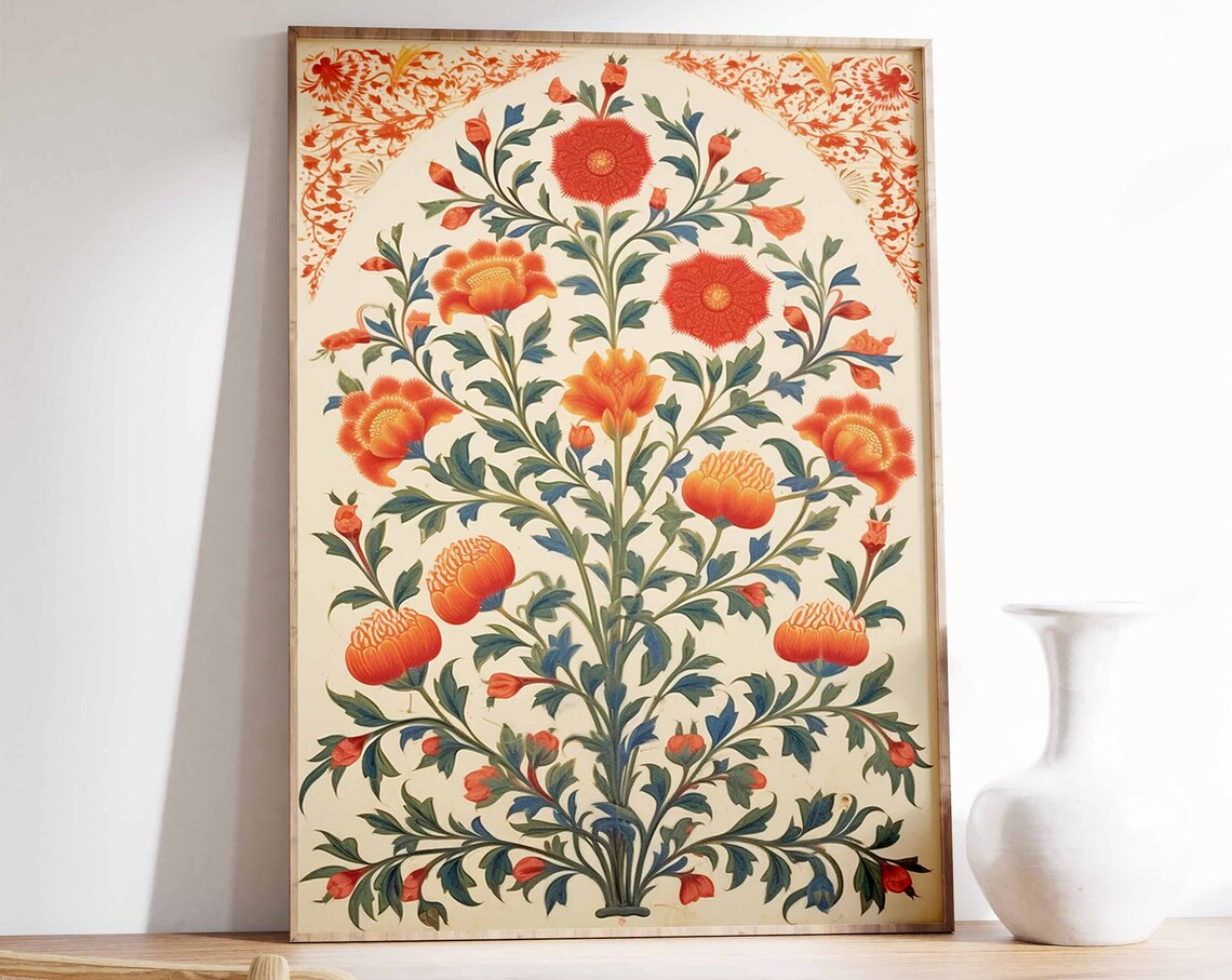 Indian Floral Arch Red Orange Flowers Traditional Mughal Art Poster
