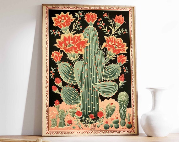 Vintage Mexican Cactus Poster Colourful Mexican Art Print Traditional Mexican Artwork Floral Vintage Poster Latin Decor Mexican Gift