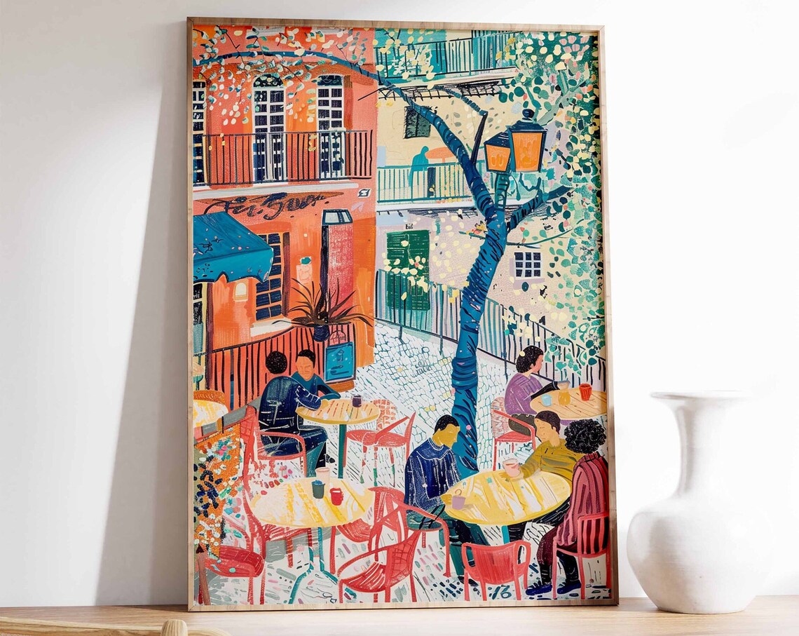 Vibrant Cafe Terrace Street Scene Bustling People Coffee Art Poster