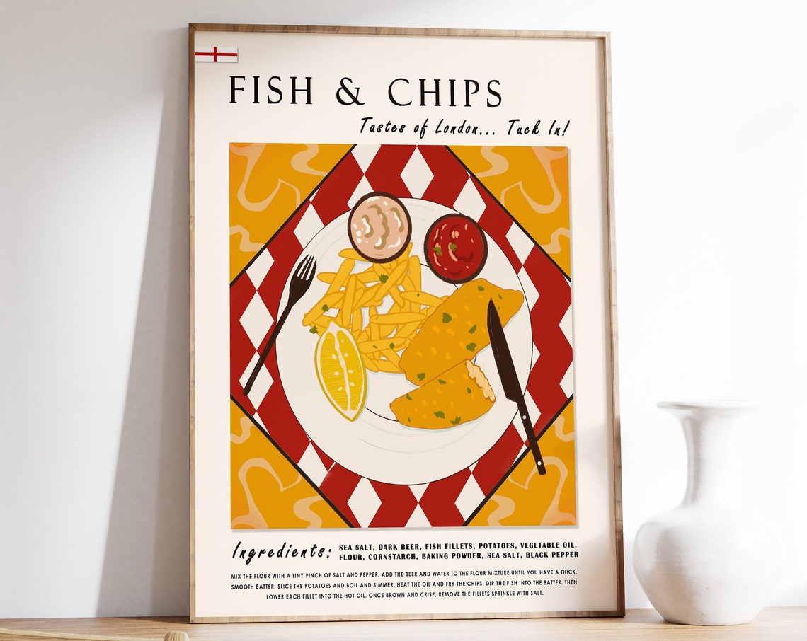 Fish and Chips London Recipe Kitchen Decor Illustration Wall Art