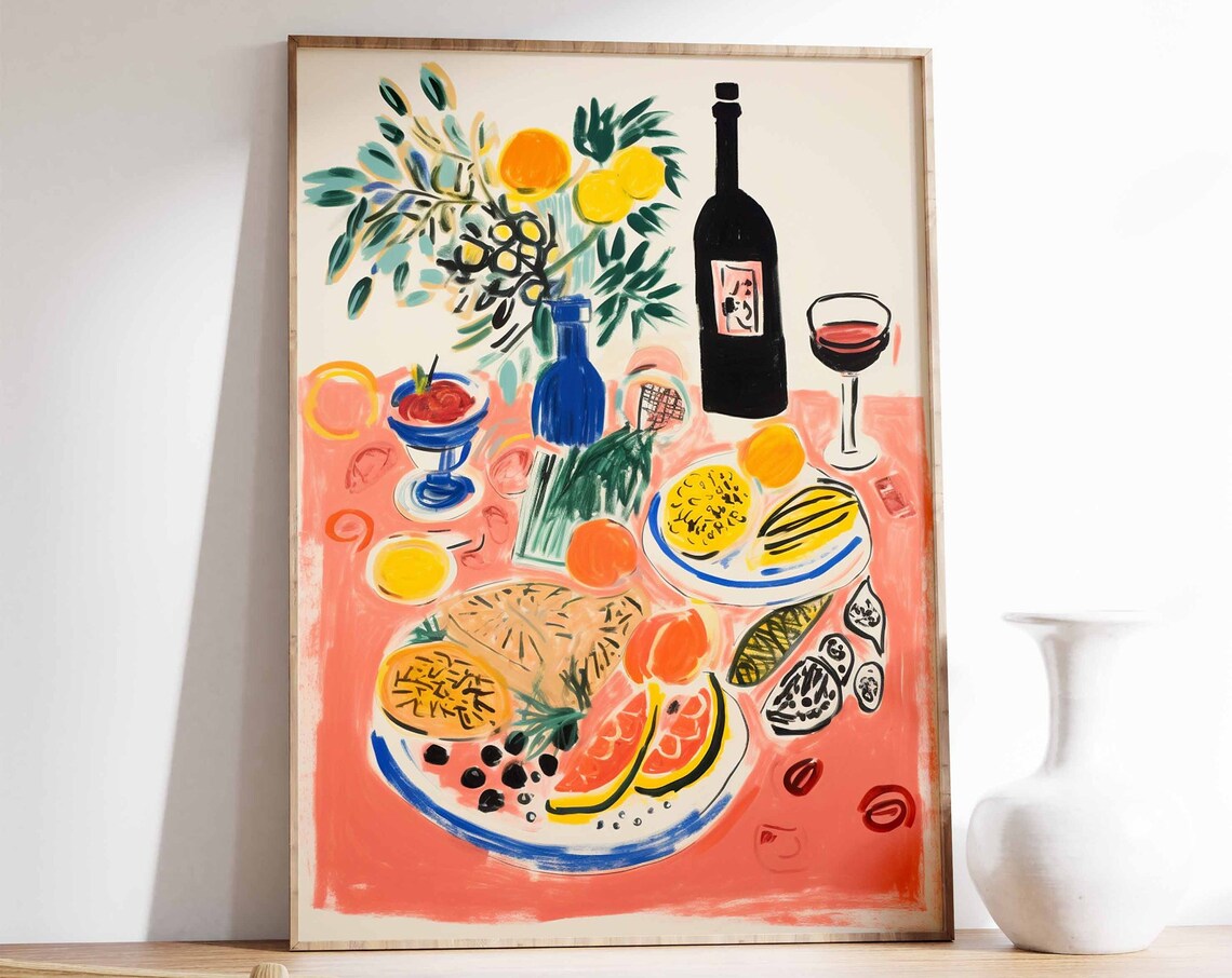Dinner Table Food Print, Retro Vintage Kitchen Poster