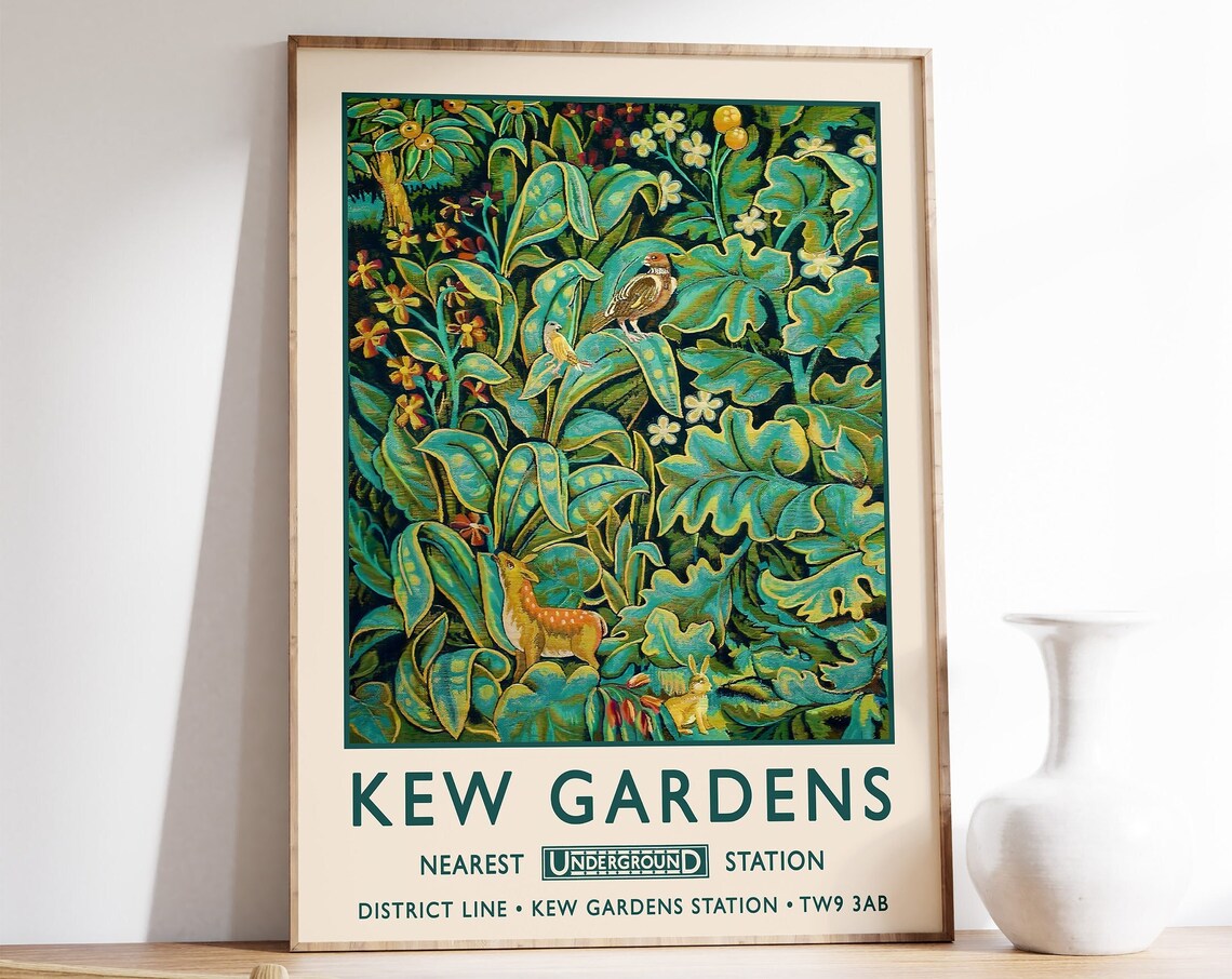 Kew Gardens Botanical Birds Deer Rabbit Vintage London Tube Poster
