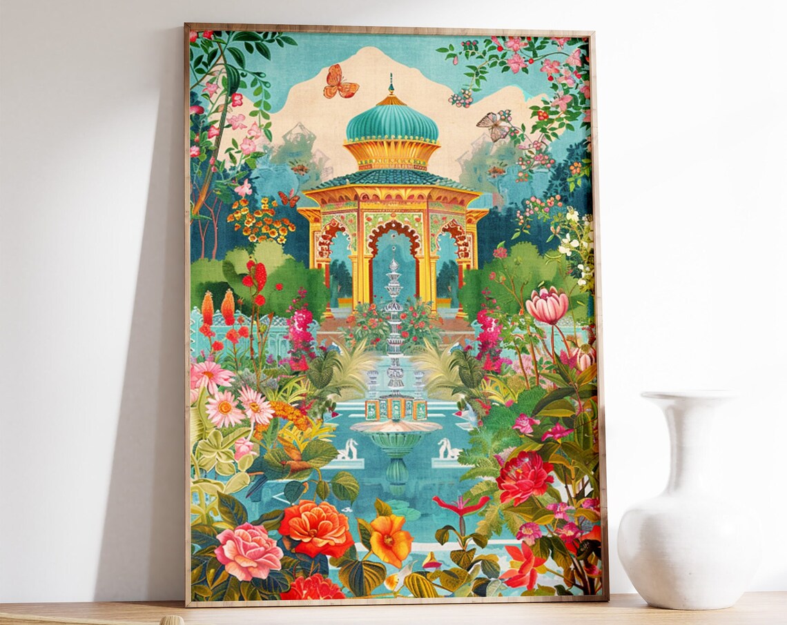 Indian Palace Garden Pavilion Colorful Floral Traditional Print