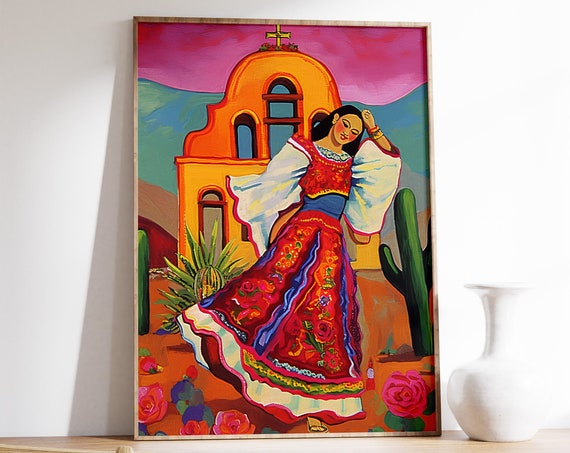 Mexican Folk Dancer in Red Dress Mission Church Desert Scene Art Poster