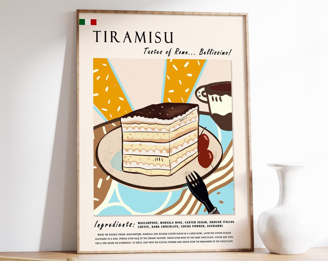 Italian Food Poster Tiramisu Dessert Poster Art Poster Rome Print Kitchen Poster Italian Food Art Italy Retro Print Food Gift