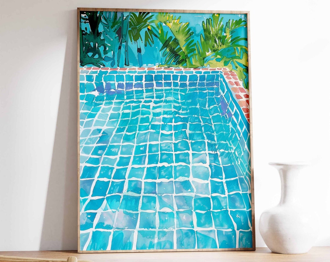 Turquoise Swimming Pool Palm Trees Watercolor Summer Art Print