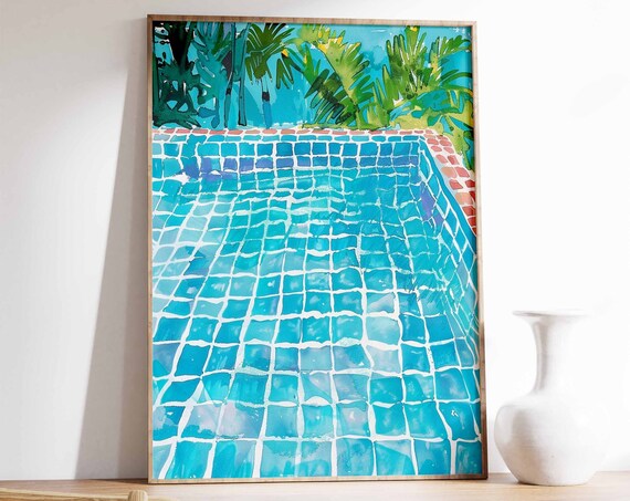 Swimming Pool Print Swimming Poster Tropical Decor Blue Art Print Botanical Print Summer Art Swimming Gift Water Art