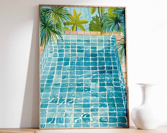 Swimming Pool Print Swimming Poster Tropical Decor Blue Art Print Botanical Print Summer Art Swimming Gift Water Art