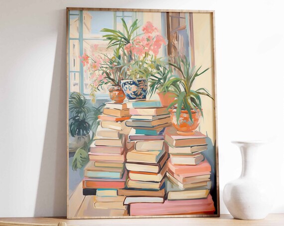 Stacked Books Potted Plants Window Light Cozy Reading Poster