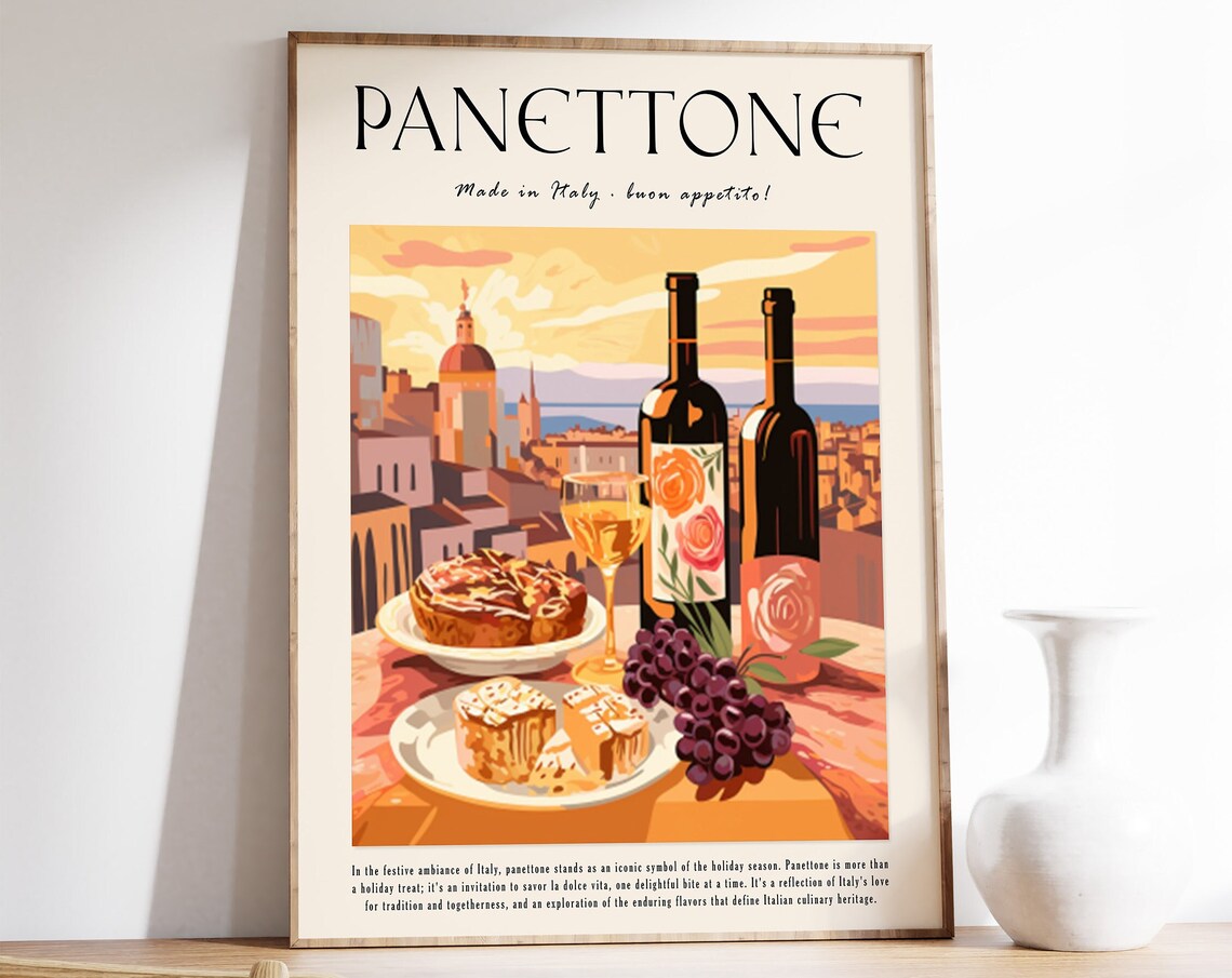 Panettone Italian Dessert Food Poster With Wine And Grapes Holiday