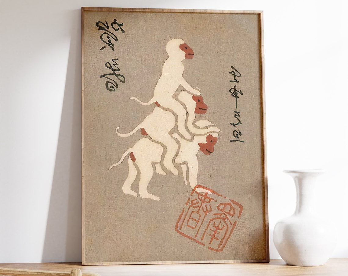 Japanese Stacked Monkeys Vintage Woodblock Calligraphy Art Poster