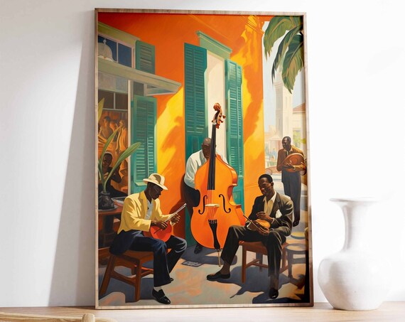 Jazz Trio Street Musicians Bass Violin Vintage Painting Poster