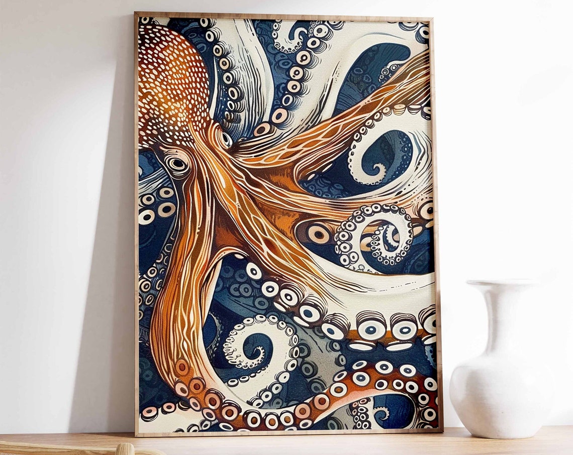 Orange Octopus Tentacles Navy Blue Waves Picturesque Wall Art