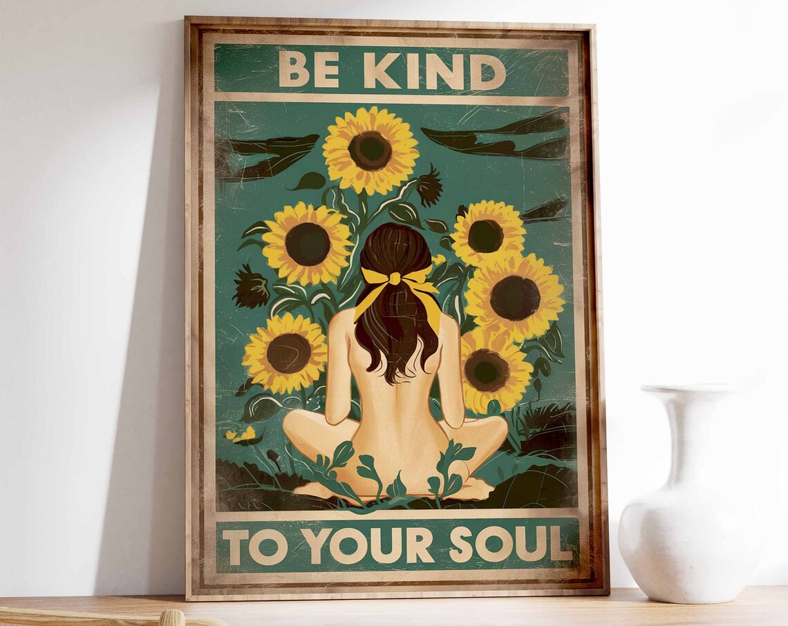 Be Kind To Your Soul Sunflower Meditation Vintage Boho Poster