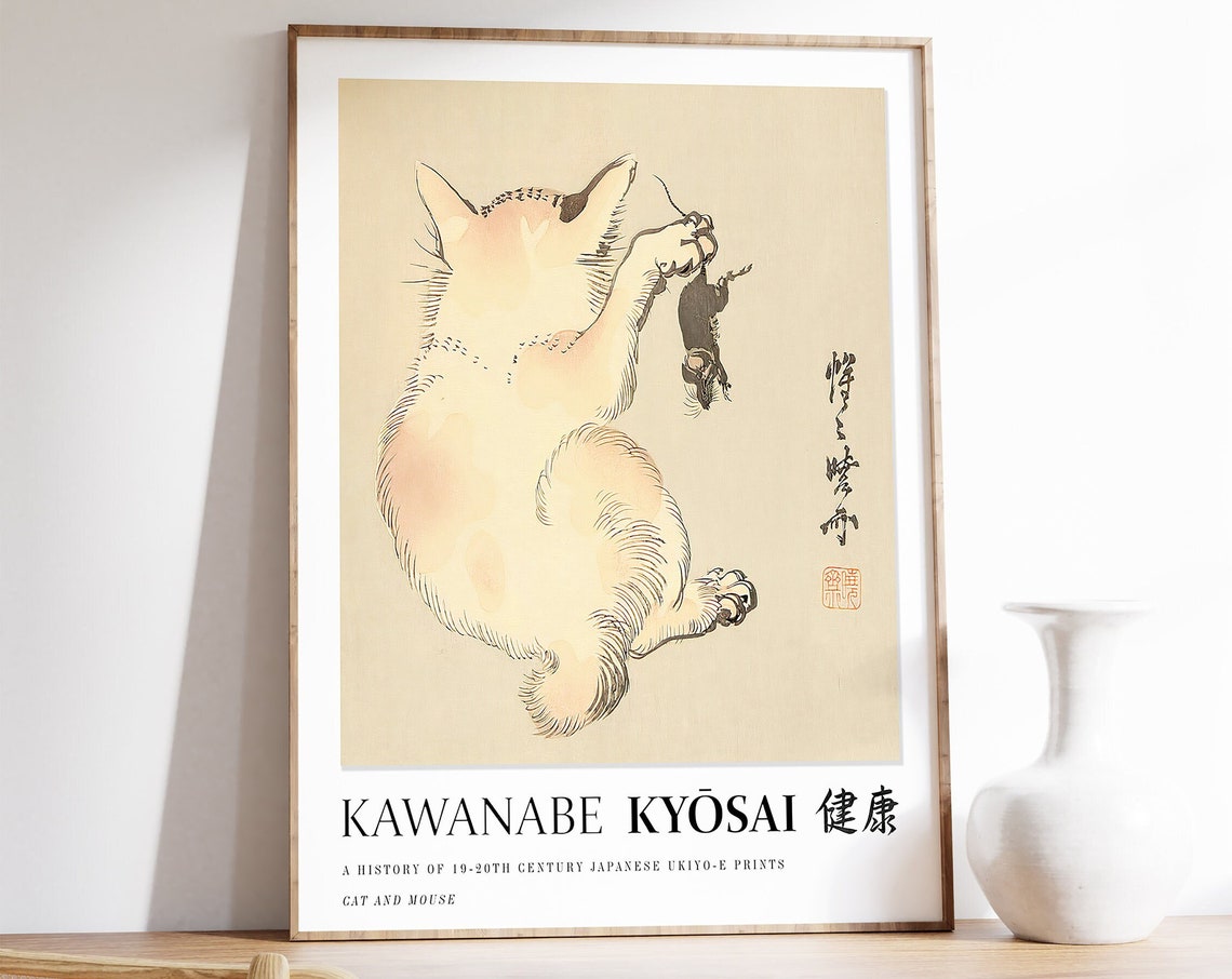 Kawanabe Kyosai Cat and Mouse Ukiyo-e Japanese Woodblock Art Poster
