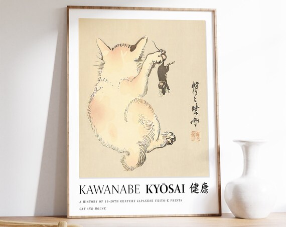 Kawanabe Kyosai Cat and Mouse Ukiyo-e Japanese Woodblock Art Poster