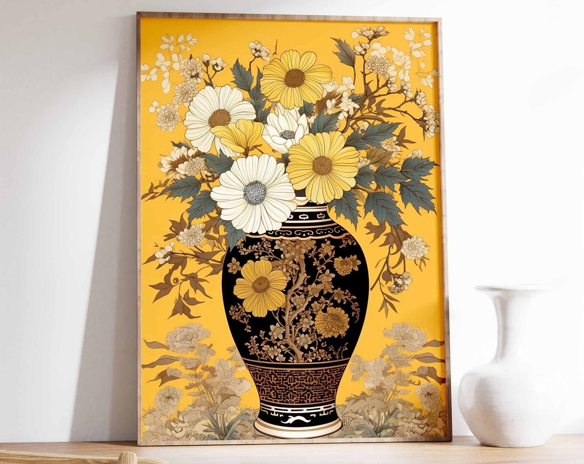 Black Gold Chinoiserie Vase Yellow White Floral Still Life Wall Art