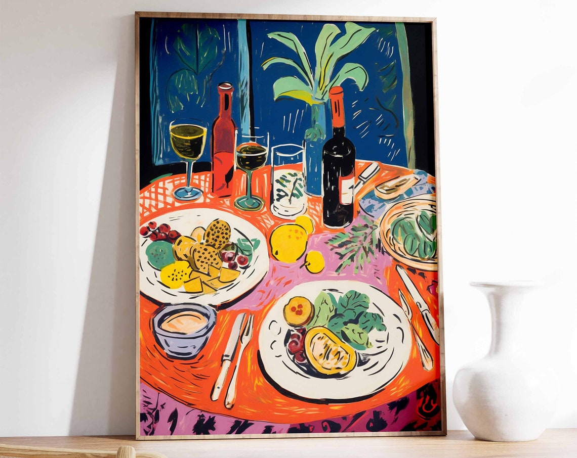 Dinner Party Wine Bottles Feast Expressionist Table Art Poster