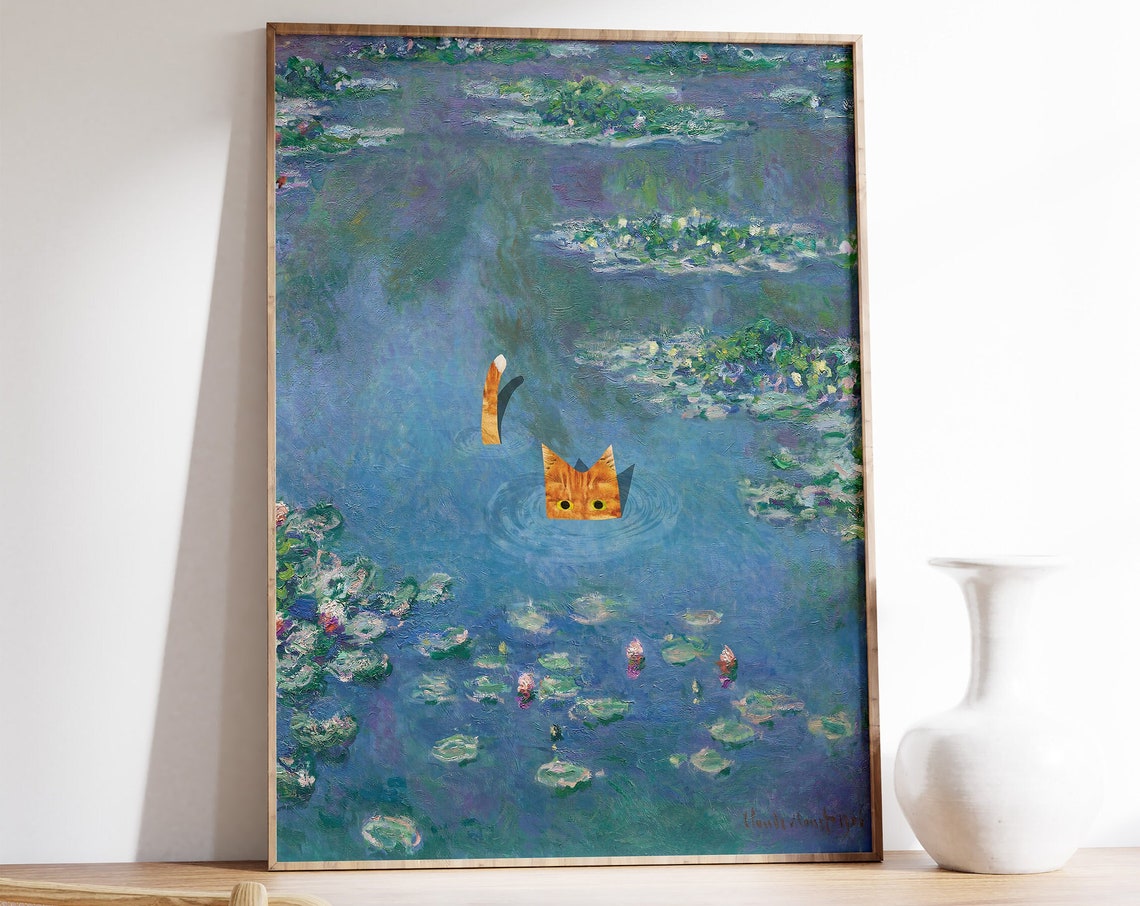 Funny Orange Cat Swimming in Monet Water Lilies Parody Art Poster