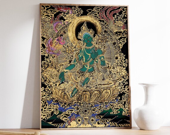 Green Tara Tibetan Buddhist Gold Leaf Black Thangka Art Poster