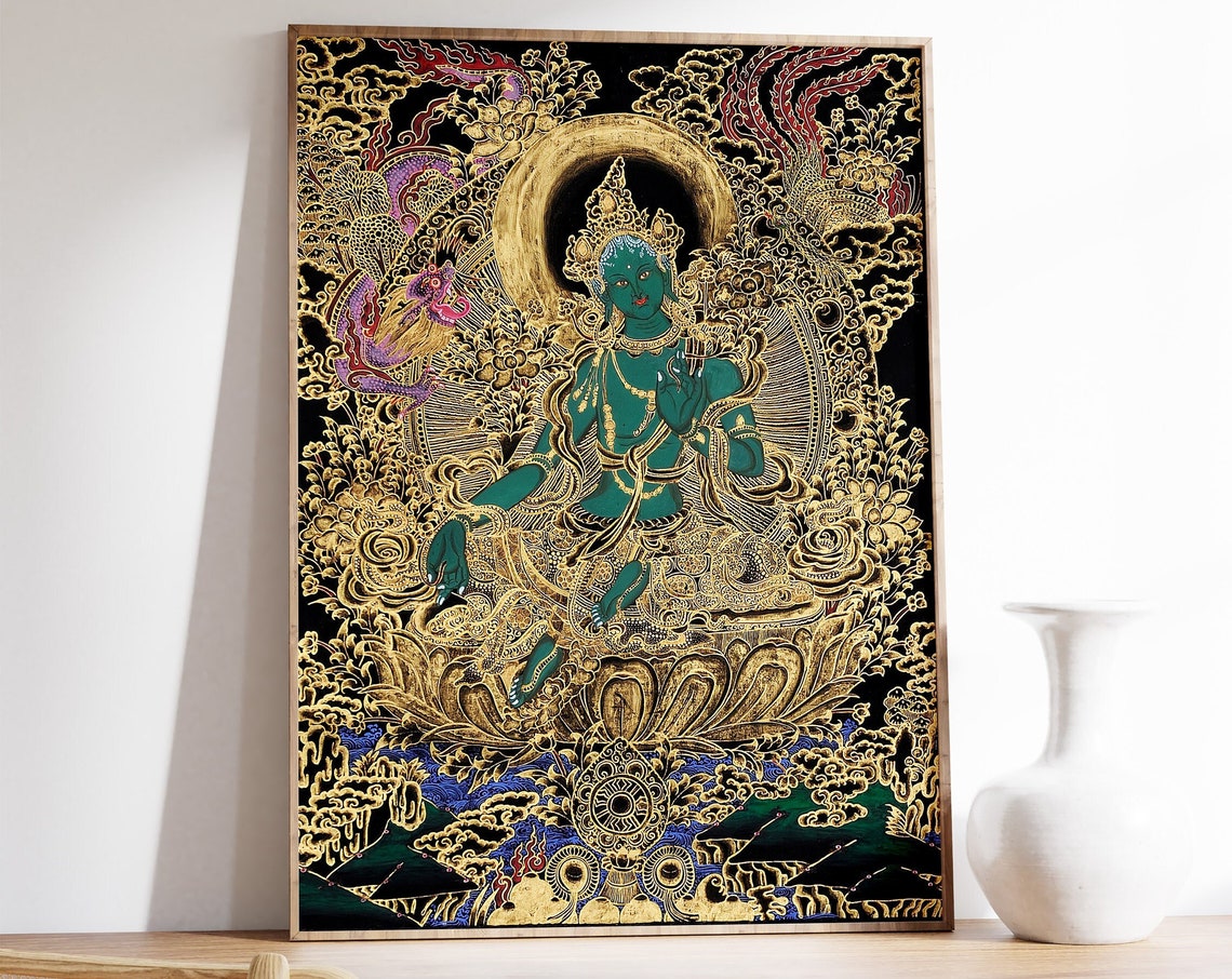 Green Tara Tibetan Buddhist Gold Leaf Black Thangka Art Poster
