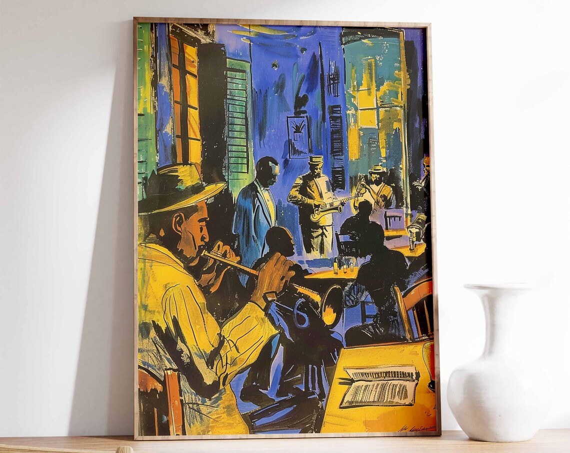 Jazz Musicians Blue Gold Nightclub Trumpet Scene Expressive Painting Poster