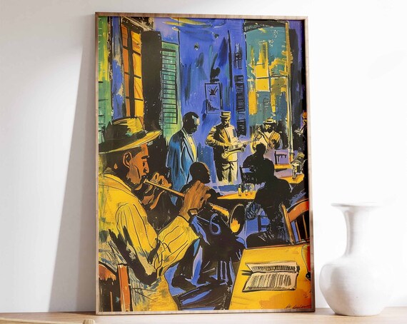 Jazz Musicians Blue Gold Nightclub Trumpet Scene Expressive Painting Poster
