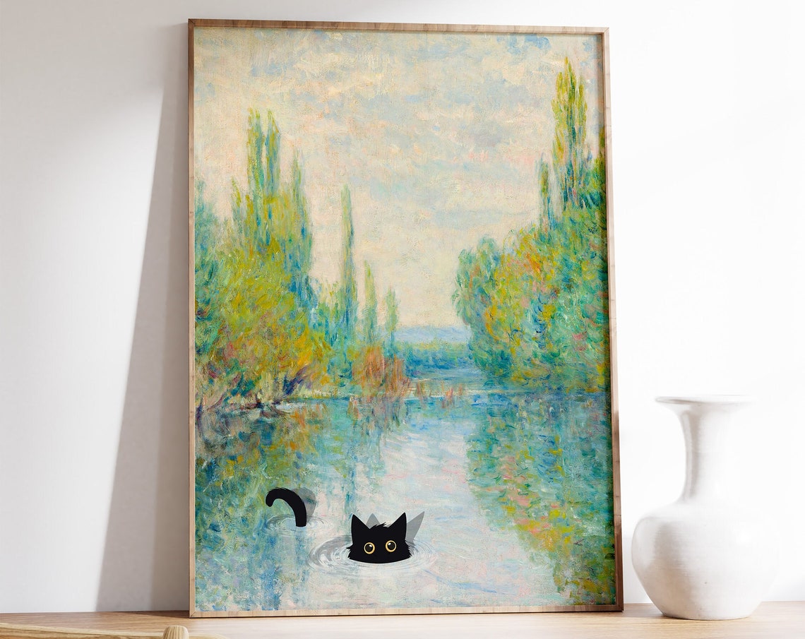 Black Cat Swimming in Monet Style River Funny Art Wall Poster