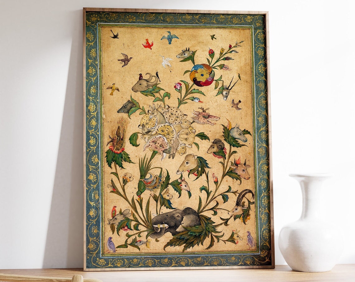 Indian Miniature Floral Animal Bouquet Vintage Manuscript Poster