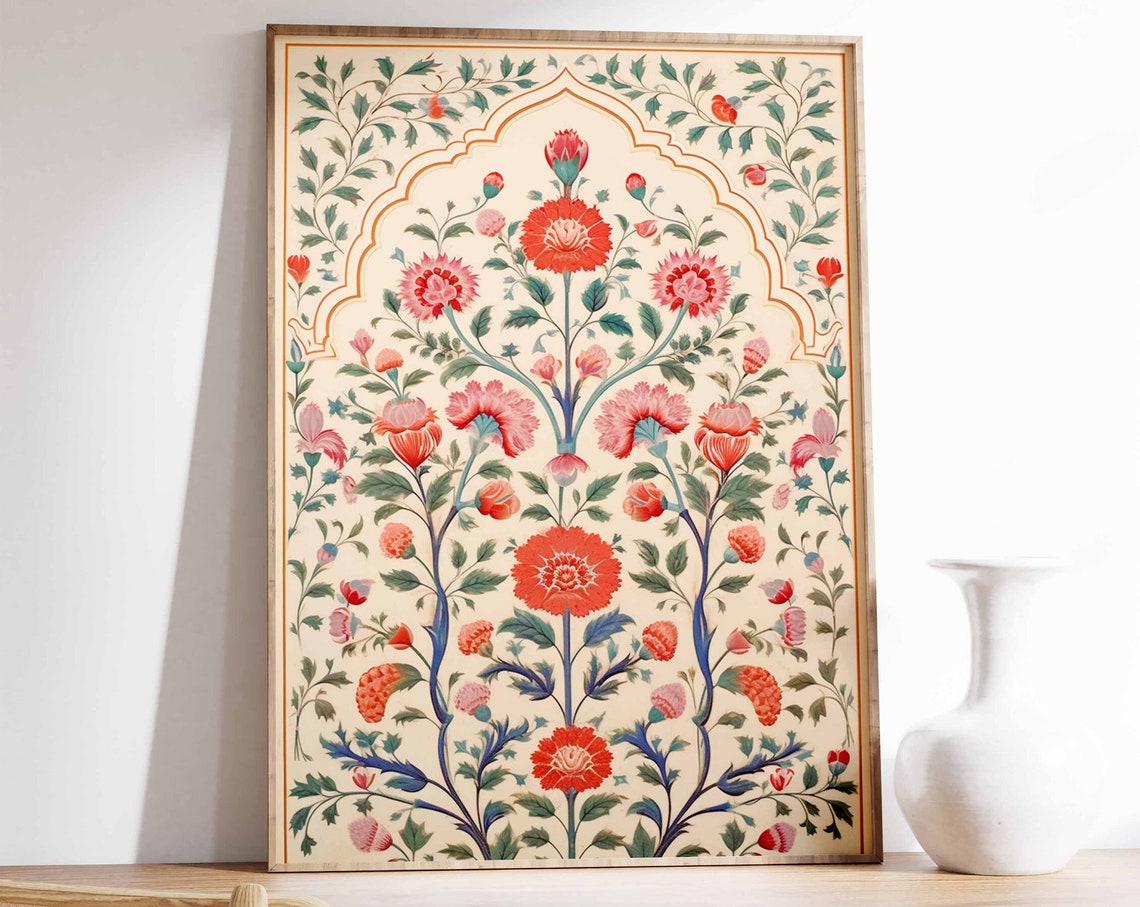 Pink Floral Vintage Indian Mughal Botanical Garden Art Print