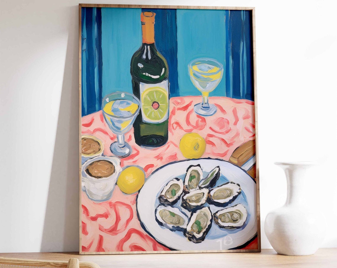 Oysters And Wine Still Life Painterly Pink Tablecloth Food Poster