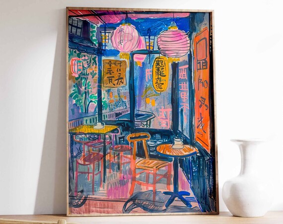 Japanese Izakaya Bar Night Scene Lanterns Colorful Bar Art Poster