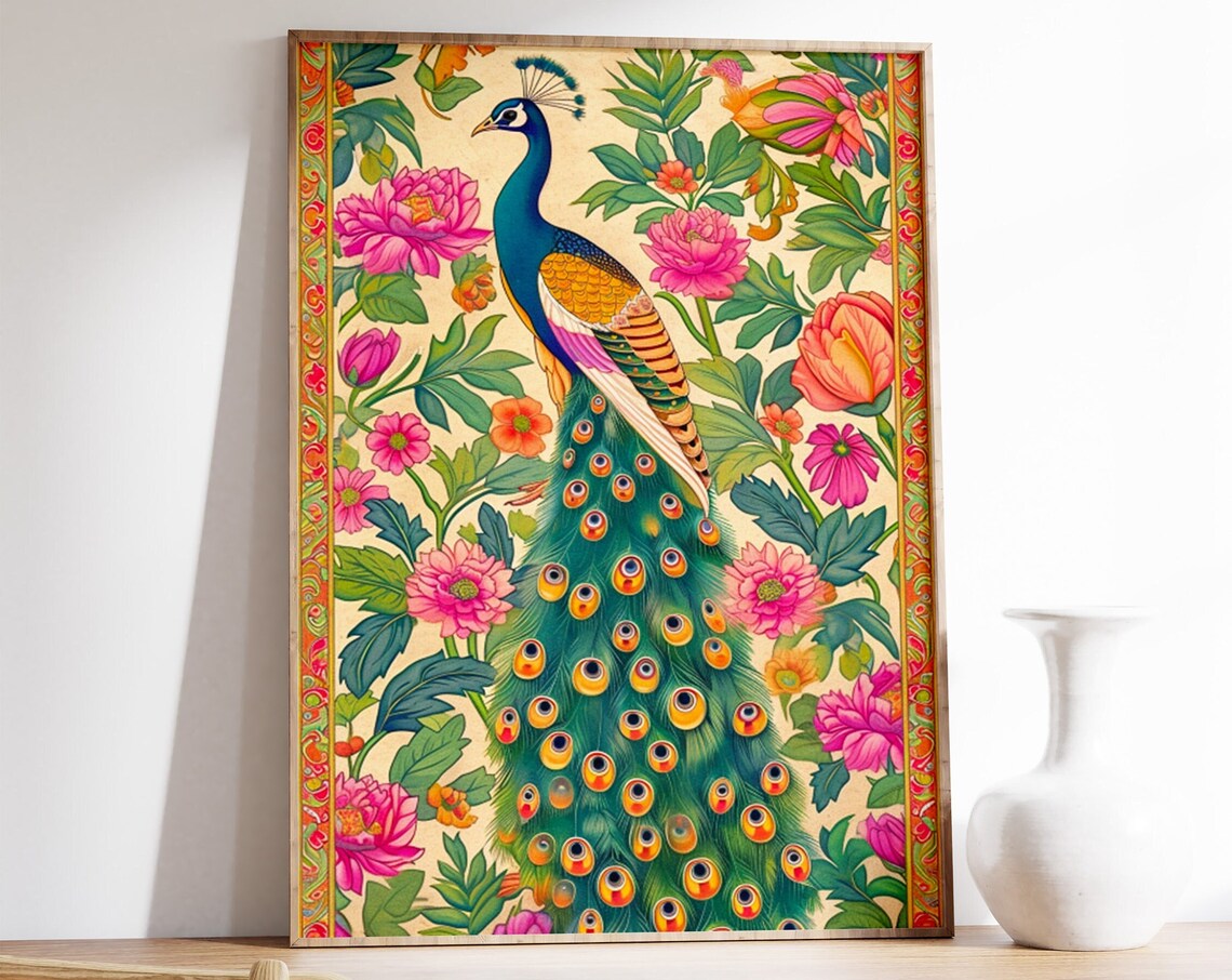 Peacock Pichwai Indian Botanical Floral Art Print