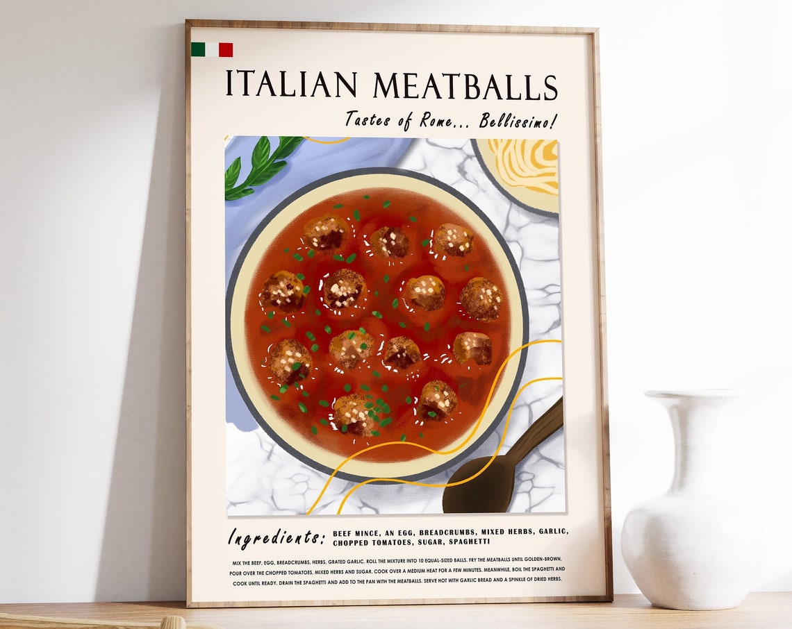 Italian Meatballs Food Poster Food Art Rome Print Kitchen Poster Recipe Poster Italy Food Art Retro Print Food Gift A1a2a3a4